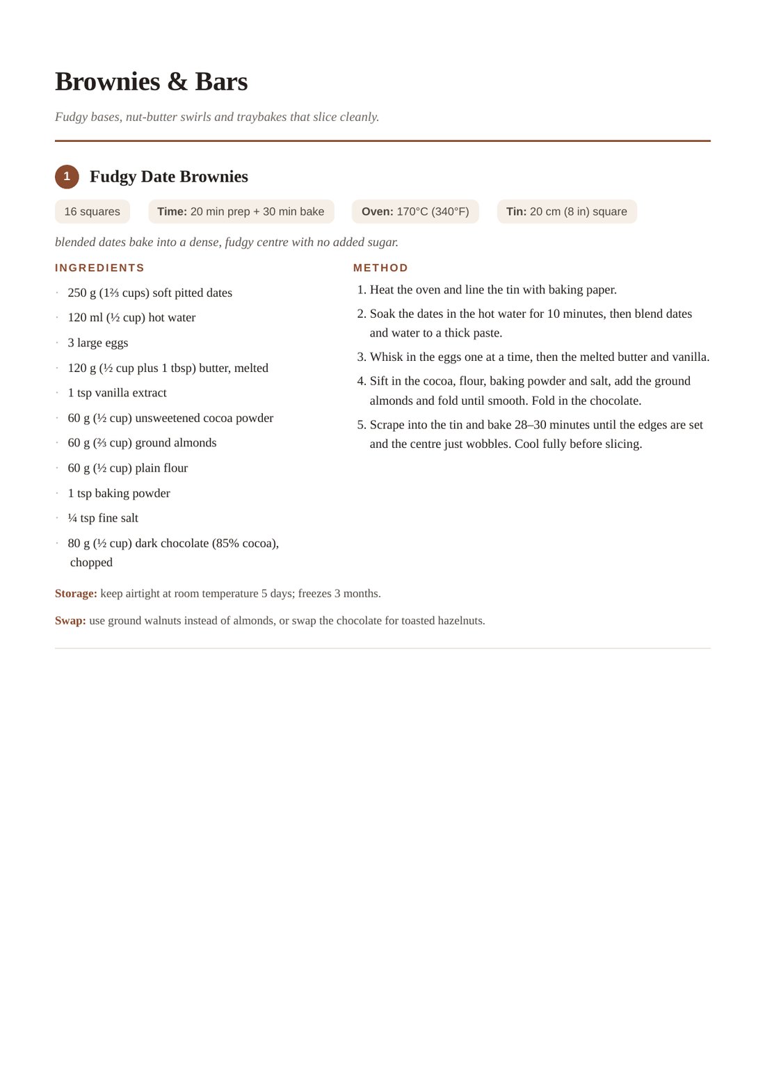 A recipe page from the book: ingredients in two columns with grams and cups, a numbered method and a storage note